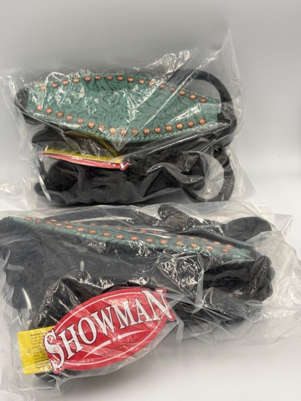 2Showman Western Horse Spur Straps Turquoise Tooled wCopper Studs Black Leather